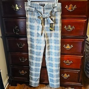 Hi-Waist Yellow Plaid Pants With Bow